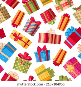 Cajas de regalo de Navidad de dibujos animados, las vacaciones de invierno presentan un patrón impecable. Sorpresas navideñas, saludo de vacaciones, navidad envuelta en cajas de regalo vectorial diseño interminable. Patrón de cajas de regalo de felación