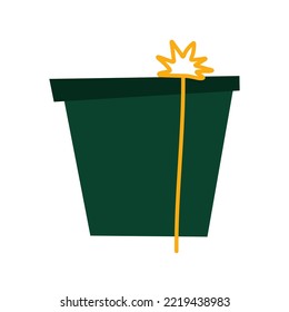 Cartoon Christmas gift. Green color simple present isolated on white background. New Year, Valentines Day, Birthday greeting card. Decorated wrapped box with ribbon. Vector cute holiday illustration