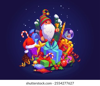 Cartoon Christmas gifts stack with elf and decorations. Vector cheerful gnome with a striped hat surrounded by festive gifts, ornaments, snow globe, candy canes, holly and ribbons ready for holiday