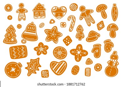 Cartoon Christmas gingerbread cookie. Hand drawn pastries isolated on white background. Baked Christmas tree, star, snowflake, man, house. Homemade holiday cookies. Vector New Year Illustration
