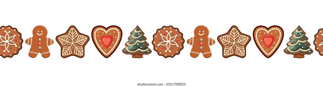 Cartoon Christmas gingerbread cookies seamless horizontal border pattern. Christmas holiday bakery. Vector winter season pattern. Cute Christmas and New Year illustration