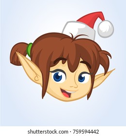 Cartoon Christmas girl elf head icon. Vector illustration isolated on white