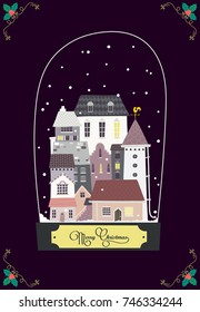Cartoon Christmas glass ball. Vector illustration. Fun holiday poster with the wishes