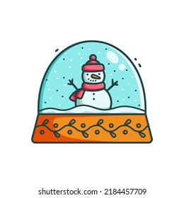 Cartoon Christmas Glass Snow Globe With Snowman Inside Vector Illustration. Colorful Flat Winter Snowball Decoration. Festive Outline Design, Holiday Greeting Card, Fun Xmas Cristal Toy Icon