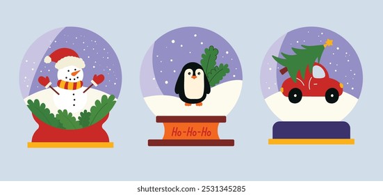 Cartoon Christmas globe magic snow globe with a snowman, pinguin, christmas tree inside in retro groovy style. Christmas atmosphere decoration