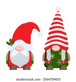 Cartoon Christmas gnome boy with beard and mustaches, gnome girl with brides. Vector illustration. Isolated on white background. Christmas and Happy New Year illustration. Trendy design template.