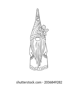 Cartoon Christmas Gnome Character with mistetoe in hat. Contour or outline isolated element. Black and white line art drawing nursery vector illustration for Christmas and New Year winter holiday