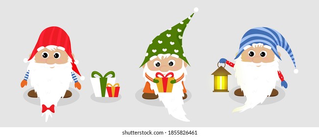 Caricatura del gnomo de Navidad. Pequeños gnomos escandinavos en sombreros navideños al estilo de las caricaturas. Colección de gnomos Christms aislados. Ilustración del vector
