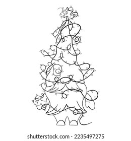 Cartoon Christmas gnome with Christmas garlands for coloring book. Linear design for children's coloring pages.