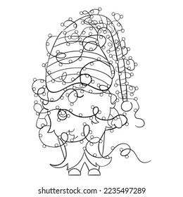 Cartoon Christmas gnome with Christmas garlands for coloring book. Linear design for children's coloring pages.