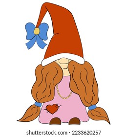 Cartoon Christmas gnome girl. Vector illustration of cute dwarfs on a white background.