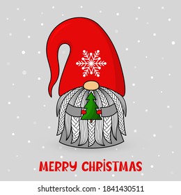 Cartoon Christmas gnome in a hat with a tree and text. Vector character with a beard. Holiday and new year symbol. Cute illustration. For postcards, invitations, flyers. Isolated on gray.