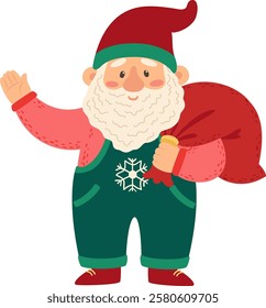 Cartoon Christmas gnome wearing a cheerful red hat, cozy pink sweater, and green dungarees, happily waving while carrying a red bag overflowing with festive gifts