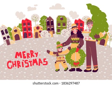 Cartoon christmas Happy family, flat people vector illustration card. City illustration.