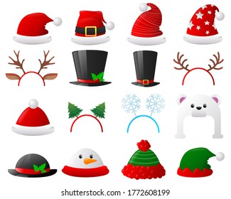 Cartoon Christmas hat set. Flat icon set Christmas carnivals caps. Vector illustration