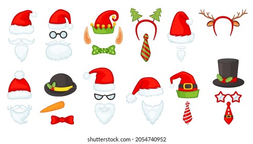 Cartoon christmas hats and accessories, photo booth props. Santa hat and beard, reindeer antlers, red nose, elf cap, xmas party mask vector set. Wearing winter seasonal costume for celebration