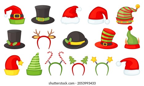 Cartoon christmas hats and headbands for xmas costumes. Santa claus hat, elf and snowman caps, reindeer antlers, winter holiday props vector set. Decorative accessories for new year party