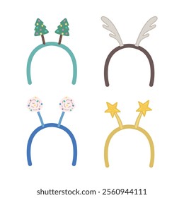 Cartoon Christmas headbands for Christmas costumes. Deer antlers, a Christmas tree, a snowball, a star. A set of props for winter holidays. Decorative accessories for a New Year's party. Vector set.