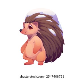 Cartoon Christmas hedgehog animal character with playful expression. Isolated vector adorable woodland personage with soft, spiky quills covered with fresh snow, spreading joy and Xmas holiday spirit