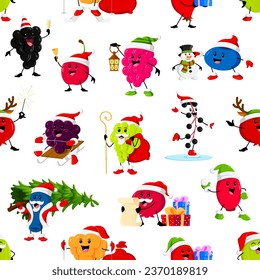 Cartoon Christmas holiday berry characters seamless pattern. Vector grapes, birds cherry, strawberry and blackberry, blueberry, honeyberry or rosehip. Gooseberry, cloudberry and cranberry personages