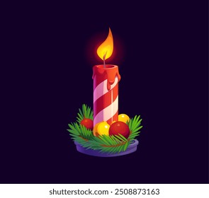 Cartoon Christmas holiday candle with fire, dripping wax, red and white stripes, surrounded by festive decorations like pine branches and baubles. Vector burning xmas candle, seasonal decoration