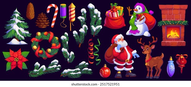 Cartoon Christmas holiday characters and decorations, Santa and snowman with gifts, vector icons. Christmas winter holiday funny cartoon reindeer, tinsel with poinsettia in holly wreath at fireplace