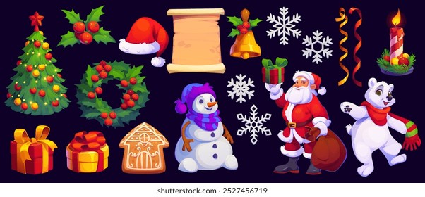 Desenhos animados Natal personagens de férias e decorações. Árvore de Natal decorada, Papai Noel, boneco de neve, urso polar e presentes. baga de azevinho, coroa, sino e flocos de neve, vela, fitas e gengibre casa