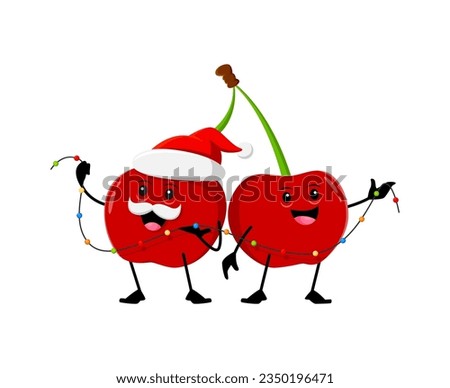 Cartoon Christmas holiday cherry berry characters with light garland. Isolated vector garden berries couple wear Santa Claus hat ready to celebration. Cute and funny personages prepare for Xmas eve