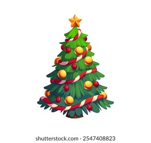 Cartoon Christmas holiday decorated pine tree. Isolated vector spruce with bright ornaments, lights and golden star on top. Festive fir tree plant evokes feelings of joy, celebration and Xmas spirit