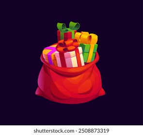 Cartoon Christmas holiday gifts bag. Vibrant red sack filled with colorful xmas presents , adorned with bright ribbons and wrapping. Isolated vector item essential for xmas events and Santa Claus