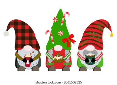 Cartoon Christmas holiday gnomes holding hot winter drinks and cake with icing clipart. Vector illustration. Isolated on white background. Nordic element design for greeting cards, greetings.