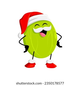 Cartoon Christmas holiday gooseberry berry character wear Santa Claus hat. Isolated vector festive and merry father Noel personage. Cheerful comic saint Nicholas with jolly smile spread holiday joy