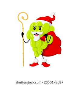 Cartoon Christmas holiday grape berry character wear Santa Claus hat, wooden staff and gifts bag. Isolated vector xmas Father Noel juicy personage deliver presents and spreading festive spirit and joy