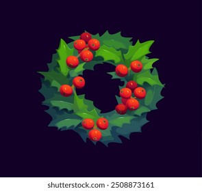 Navidades de dibujos animados corona de acebo de vacaciones, adornado con bayas de acebo rojo brillante y hojas verdes. Decoraciones festivas aisladas de las vacaciones de Navidad del Vector para los saludos estacionales y la decoración casera