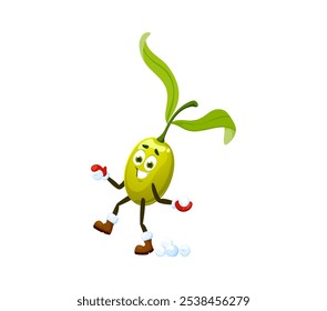 Cartoon Christmas holiday olive character playing snowballs, vector funny vegetable. Happy smiling green olive playing snowballs in mittens for winter holiday Christmas and New Year greeting emoji