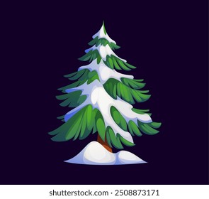 Cartoon Christmas holiday pine tree covered in snow. Vector fir-tree has lush green branches with a generous layer of white snow, festive forest spruce plant evokes a cozy xmas holiday atmosphere