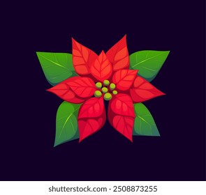 Cartoon Christmas holiday poinsettia flower with vibrant red petals and lush green leaves. Vector vibrant natural plant, symbol of Xmas cheer and warmth, joy and celebration during the festive season