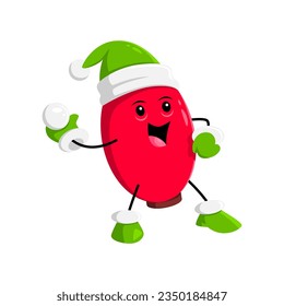 Cartoon Christmas holiday rosehip berry character enjoys playfully tossing snowballs at friends. Isolated vector mischievous rose hip personage wearing elf hat creating laughter and holiday cheer