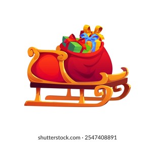 Cartoon Christmas holiday Santa sleigh filled with colorful wrapped gifts in a red sack, ready for delivery. Vector festive sled symbolizes cheer and excitement of gift giving during holiday season