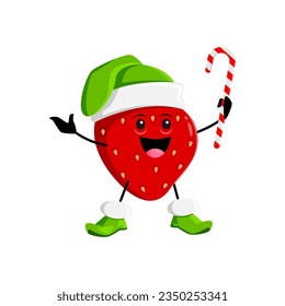 Cartoon Christmas holiday strawberry berry character wearing an elf hat, joyfully holding a candy cane, adding festive cheer to celebration. Isolated vector cheerful garden berry personage celebrate