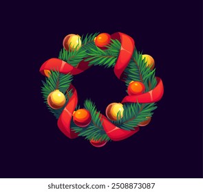 Cartoon Christmas holiday wreath with green pine tree branches, red ribbon and golden ornaments. Vector festive traditional xmas wreath, seasonal holiday decoration for greeting cards and celebrations