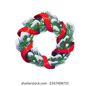 Cartoon Christmas holiday wreath with green pine tree branches and red ribbon ornaments. Vector festive traditional xmas wreath, seasonal decoration for greeting cards, celebrations and door decor