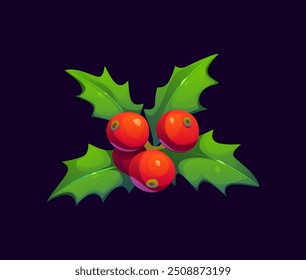 Cartoon Christmas holly berries and green leaves create a festive and cheerful holiday atmosphere. Vector seasonal decoration for invitations, and greeting cards, embodying the spirit of the season