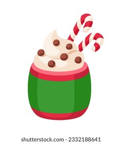 Cartoon Christmas hot chocolate with crunchy balls and candy canes. Cocoa or coffee and whipped cream in a green-red cup. Christmas drink vector illustration isolated on white background.