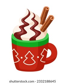 Cartoon Christmas hot chocolate with whipped cream, chocolate topping and cinnamon sticks. Christmas drink, cocoa or coffee, vector illustration isolated on white background.