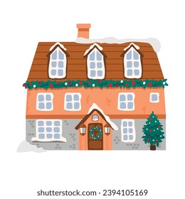 Cartoon christmas house decorated with garland and Christmas tree.Cute snow-covered building with windows, doors and roof.Traditional winter holiday events.Vector hand drawn illustration  on white.