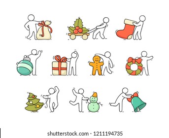 Cartoon christmas icons set with sketch little people with. Doodle cute miniature scenes of workers about winter. Hand drawn vector for christmas and new year celebration.