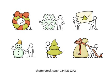 Cartoon christmas icons set of sketch working little people with holiday symbols. Doodle cute miniature scenes of workers about winter. Hand drawn vector for christmas and new year celebration.