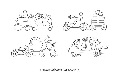 Cartoon christmas icons set of sketch working little people with holiday symbols. Doodle cute miniature scenes of workers about winter. Hand drawn vector for christmas and new year celebration.