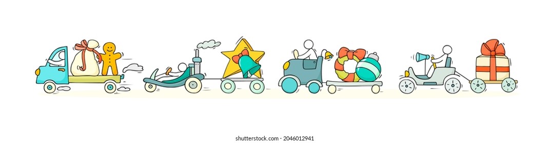 Cartoon christmas icons set of sketch working little people with holiday symbols. Doodle cute miniature scenes of workers about winter. Hand drawn vector for christmas and new year celebration.